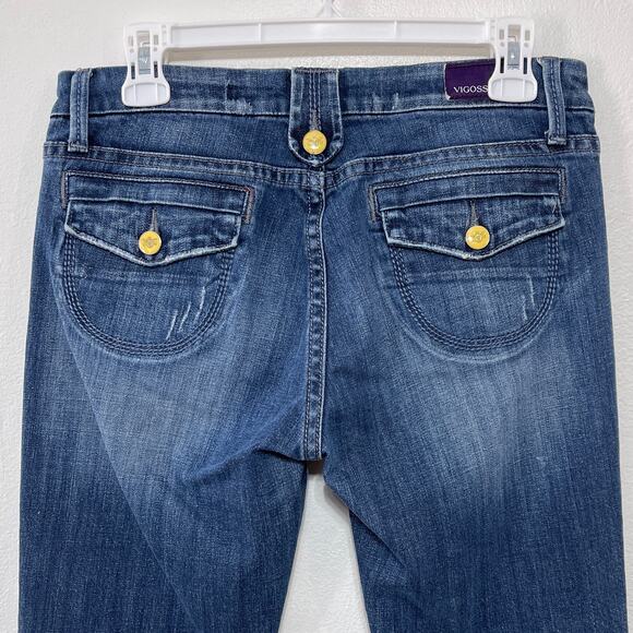 Vigoss Jeans Juniors 7 Flare Blue Stretch Denim Button Back Wide Cuff Distressed - Picture 5 of 10